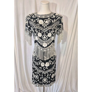 Vintage Black Beaded Sequin 20s Inspired 100% Silk Flapper Dress XS Small